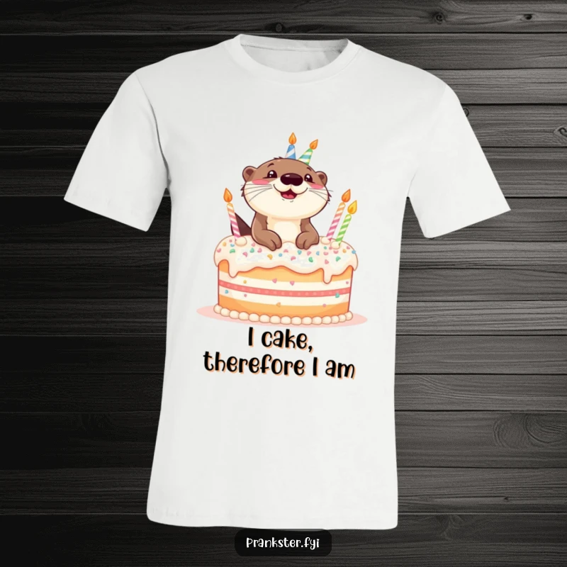 Funny T-shirt depicting a giggling otter popping out of a large, frosted birthday cake, radiating pure celebration.