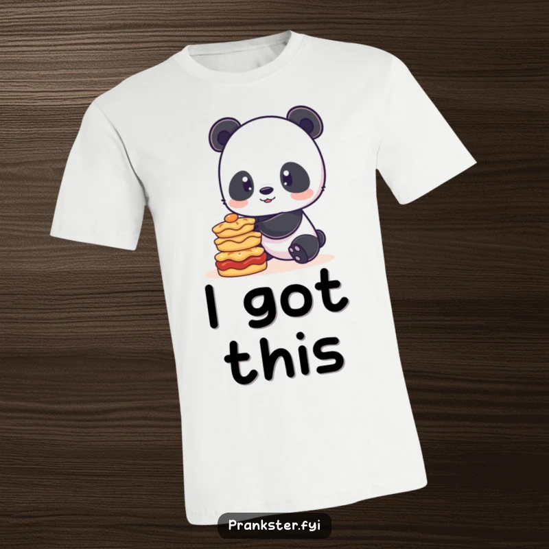 Funny t-shirt depicting a playful panda trying to balance an unstable tower of pies, showcasing a comical and relatable struggle.