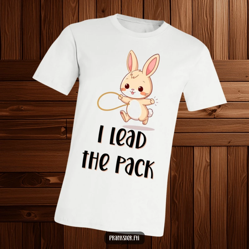 Funny bunny t-shirt, playful rabbit hopping with a string tied to its tail, capturing lighthearted mischief and joy.