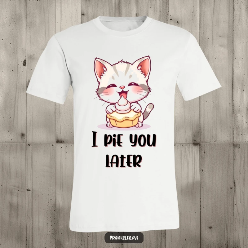 Funny t-shirt with a giggling kitten launching a cream pie, capturing a moment of playful, messy fun.