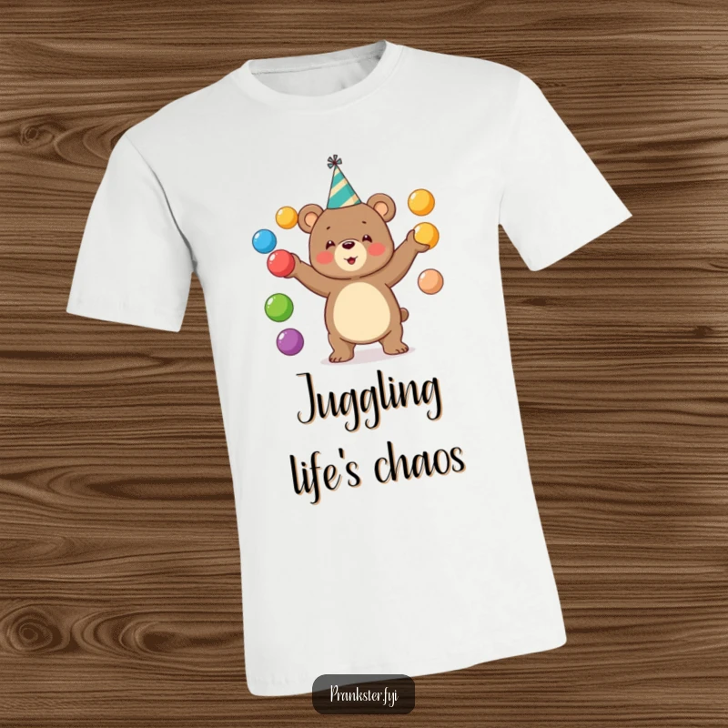 Funny bear t-shirt showing a bear in a party hat juggling bright balls. Hilarious gift idea.