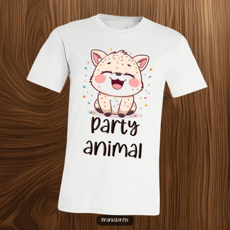 Funny t-shirt featuring a laughing animal character covered in confetti, with a mischievous sparkle, perfect for celebrations.