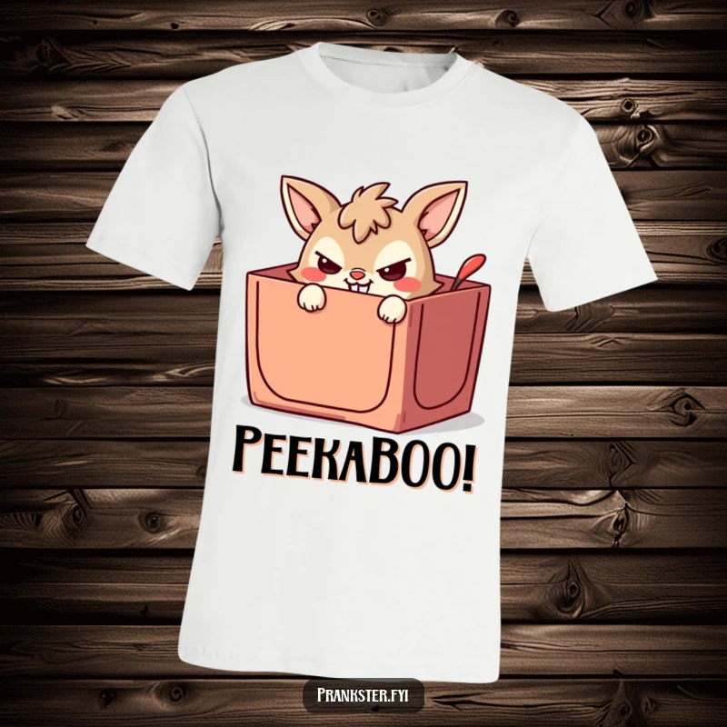 Funny t-shirt featuring a mischievous animal peeking from a jack-in-the-box with a wicked grin, symbolizing playful mischief.