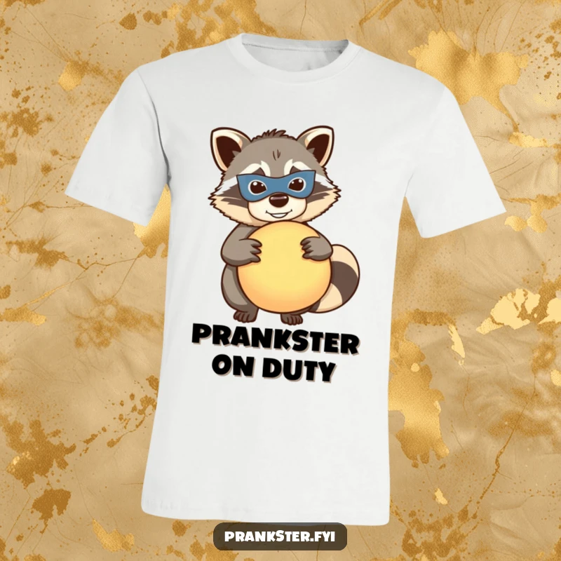 Funny raccoon t-shirt, mischievous masked raccoon holding a whoopee cushion, ready to prank, humorous apparel, perfect gift.