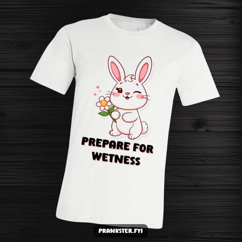 Funny t-shirt showcasing a cheerful bunny character winking and holding a squirting flower, embodying playful mischief and humor.