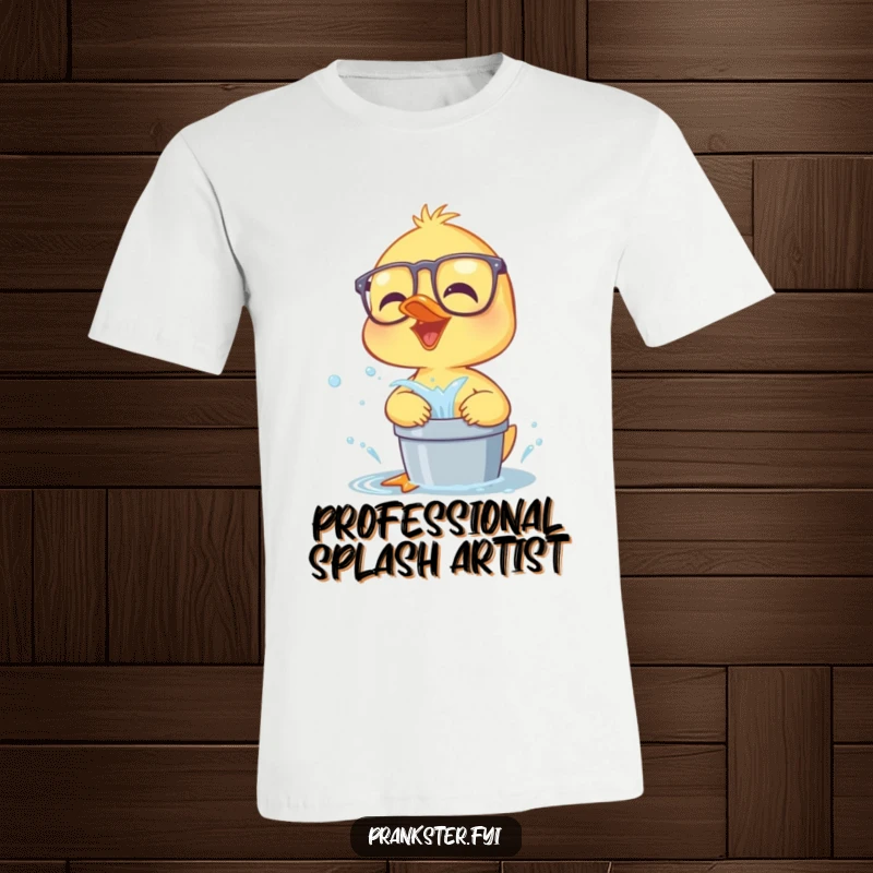Funny giggling duckling in oversized glasses about to splash water, a hilarious and playful t-shirt design.
