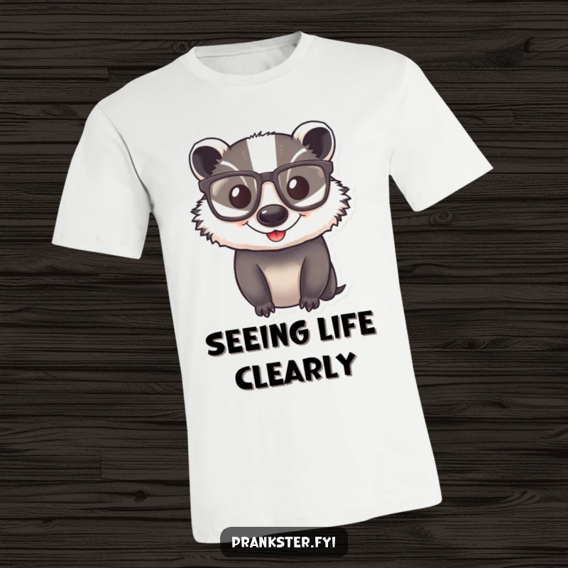 Funny T-Shirt showcasing a happy badger wearing comically large glasses, radiating intelligence and playful charm.