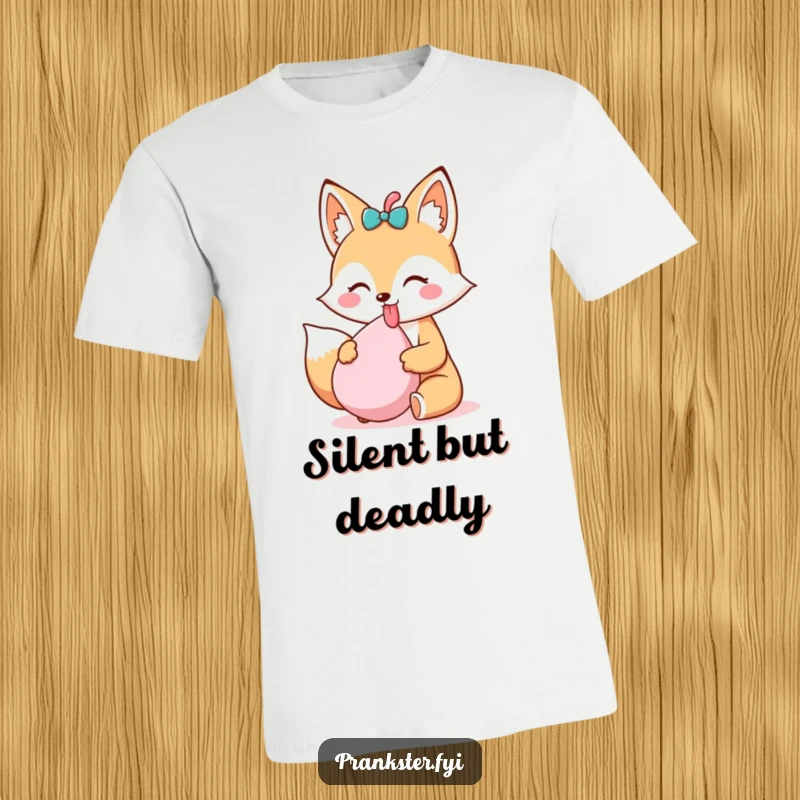 Funny Kawaii Fox T-Shirt sticking its tongue out, holding a whoopee cushion, showcasing a mischievous and playful personality, ideal for pranksters.