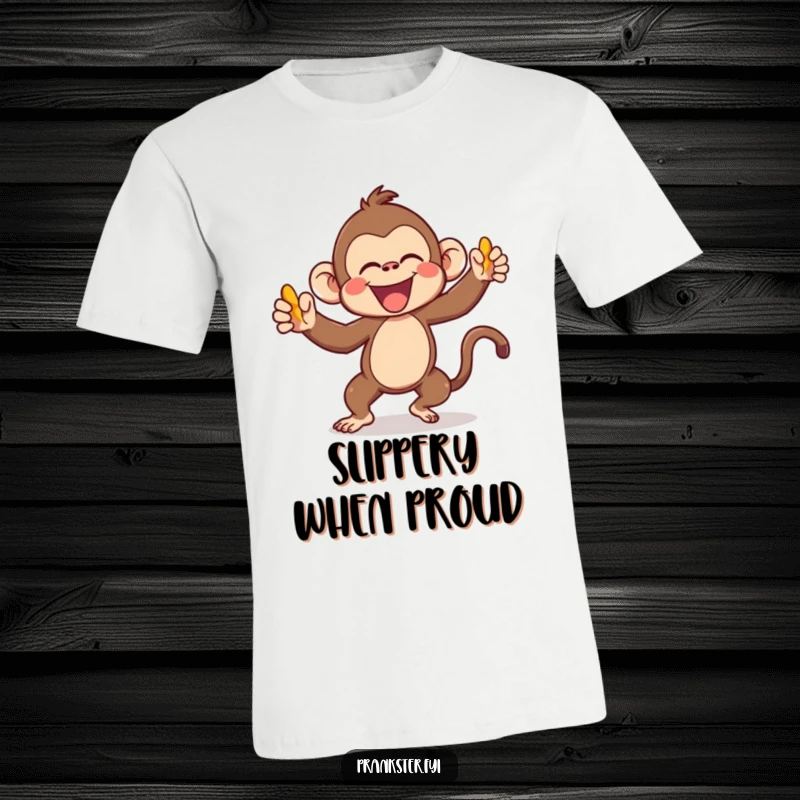 Funny Kawaii Monkey T-Shirt gleefully throwing a banana peel, showcasing a mischievous and playful personality, ideal for lovers of cute animals.