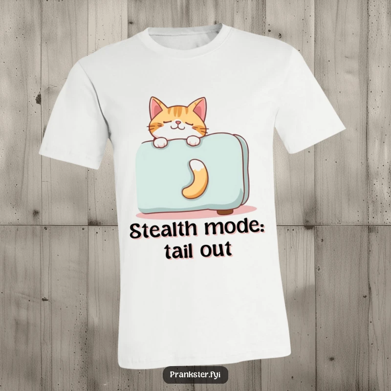 Funny t-shirt of a giggling cat's tail emerging from behind a sofa, symbolizing playful secrets and humor.
