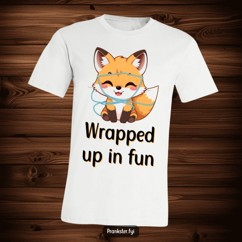 Funny T-Shirt featuring a happy fox cub adorably messy with vibrant, harmless silly string, exuding pure joy.