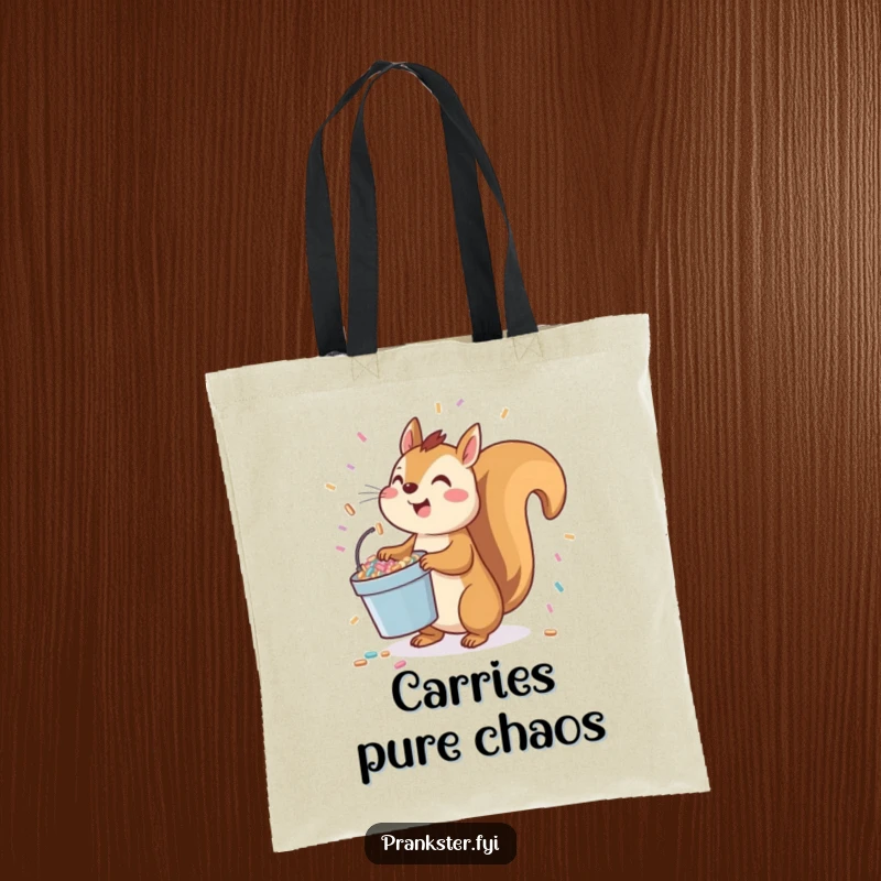 Funny squirrel tote bag with a playful character holding a bucket of confetti, ready to toss it upwards.