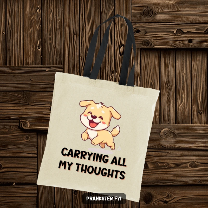 Funny tote bag with a cartoon dog spinning dizzyly while chasing its tail, durable and humorous.