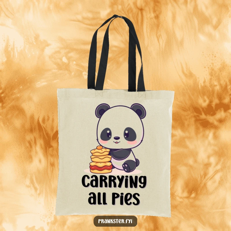Funny tote bag showcasing a playful panda attempting to balance a stack of delicious pies, perfect for carrying groceries or baked goods.