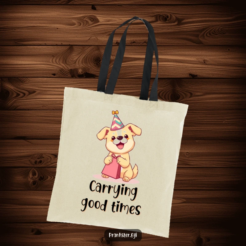 Funny tote bag with a playful dog in a party hat shaking a gift bag, perfect for carrying celebratory items.