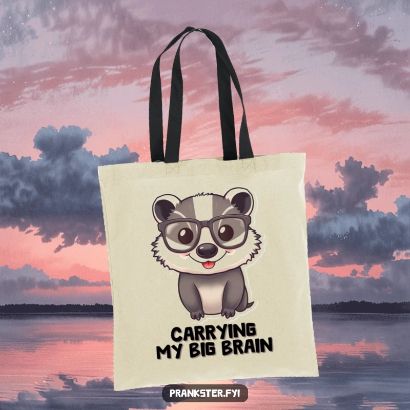 Funny Tote Bag depicting a cheerful badger wearing comically large spectacles, adding a smart and humorous touch.