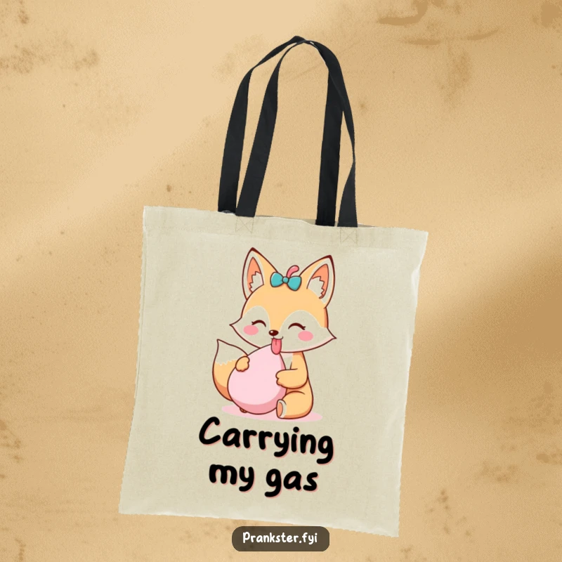 Funny Kawaii Fox Tote Bag sticking its tongue out and holding a whoopee cushion, a stylish and humorous accessory for carrying daily items with a playful touch.