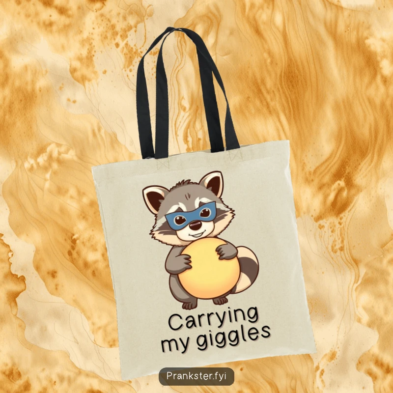 Funny raccoon whoopee tote bag, mischievous masked raccoon holding a whoopee cushion, humorous and practical accessory, great gift.