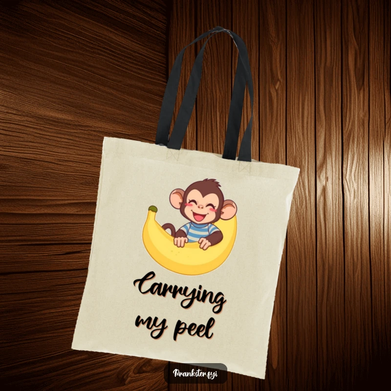 Funny monkey tote bag with a giggling monkey hiding behind a large banana peel, perfect for stylish carrying.