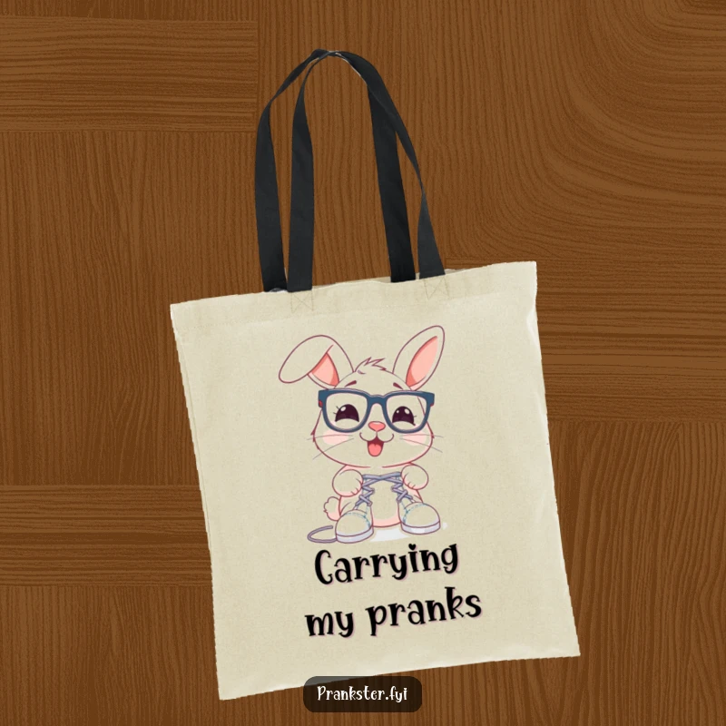 Funny rabbit tote bag with oversized spectacles, about to tie shoelaces together, perfect for stylish carrying.