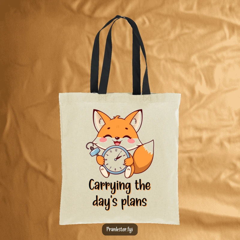 Funny tote bag featuring a cheerful fox winking while adjusting a small ticking clock, a humorous accessory for daily use.