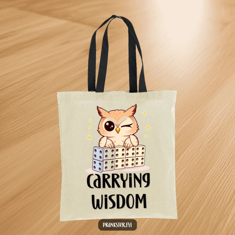 Funny owl tote bag, winking owl setting up a domino chain, practical and humorous for daily use.