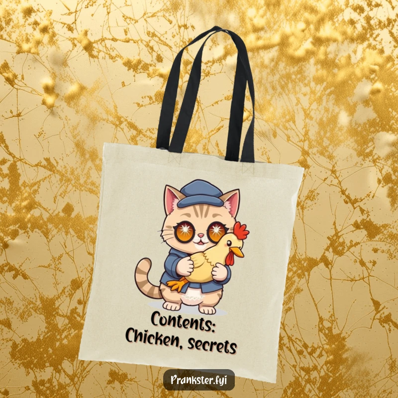 Funny tote bag featuring a cunning cat in disguise holding a rubber chicken with sparkling eyes, a humorous accessory.