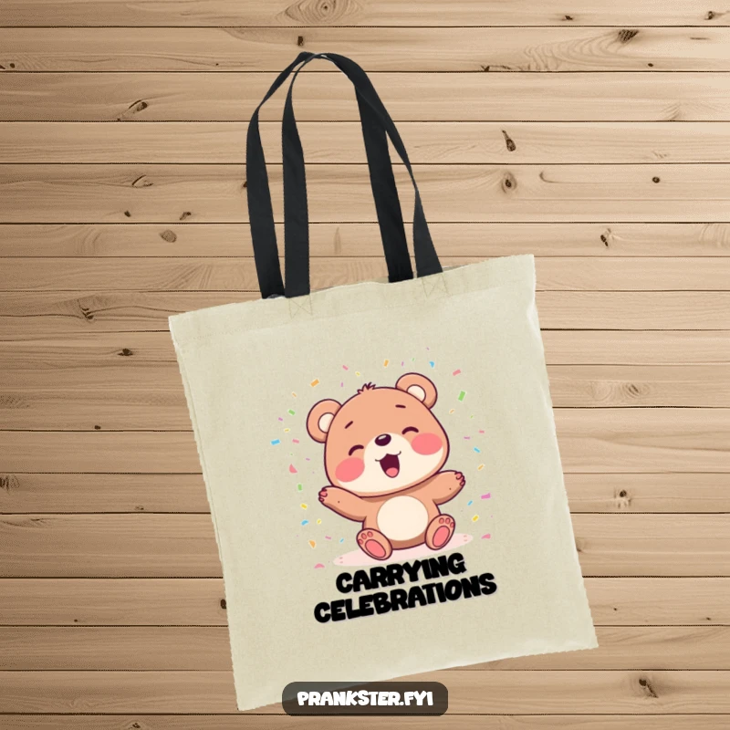 Funny tote bag showcasing a delighted bear character joyfully tossing confetti, ideal for carrying party essentials with festive flair.
