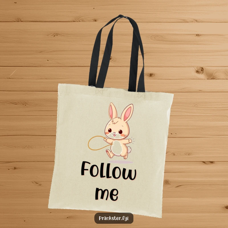 Funny bunny tote bag, playful rabbit hopping, string tied to tail, practical and humorous for shopping.