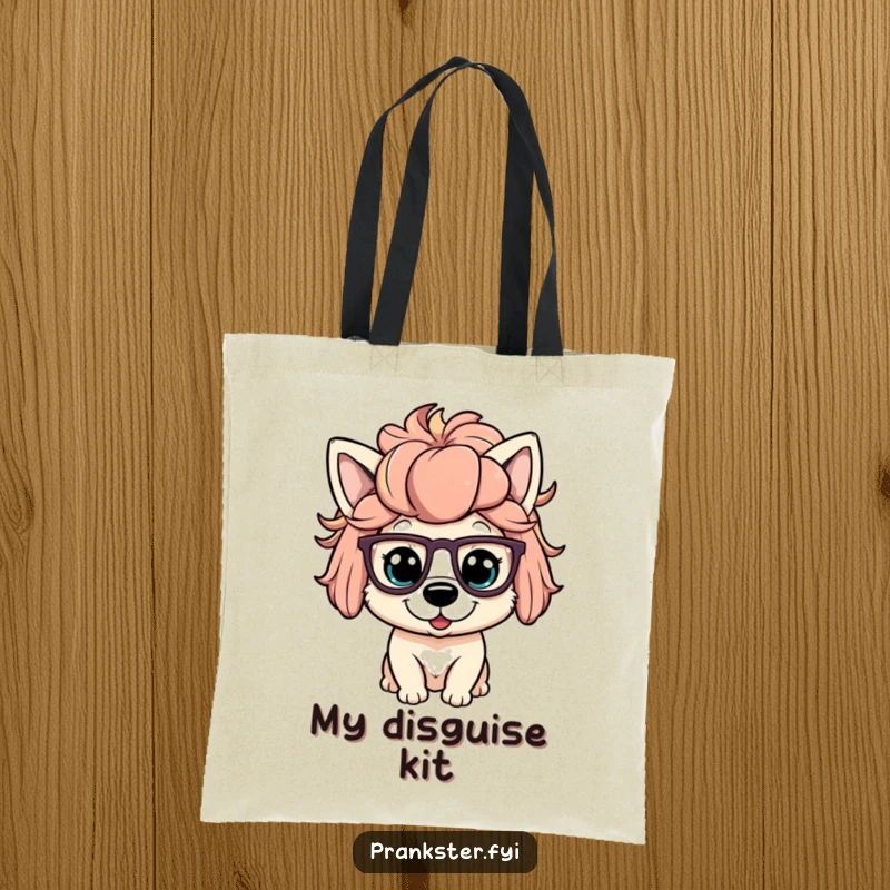 Funny tote bag featuring a playful dog character in a silly wig and large glasses, perfect for carrying items humorously.
