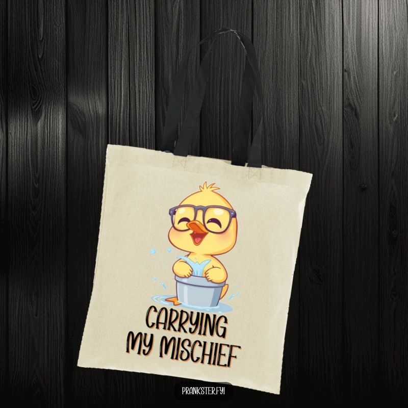 Funny duckling in big glasses, giggling and ready to splash water, a humorous and practical tote bag.
