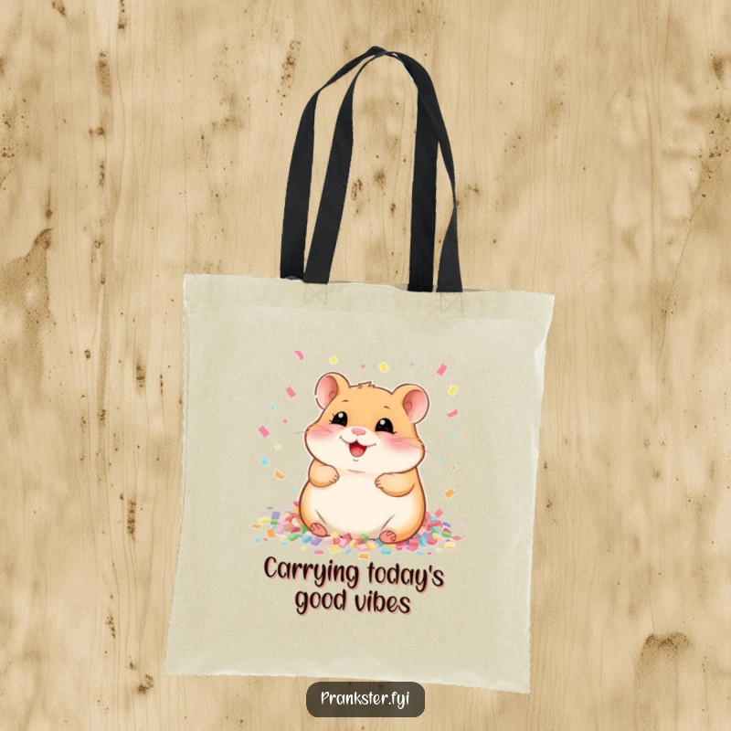 Funny Tote Bag featuring a delighted hamster buried in a shower of confetti, exuding infectious giggles and playful energy.