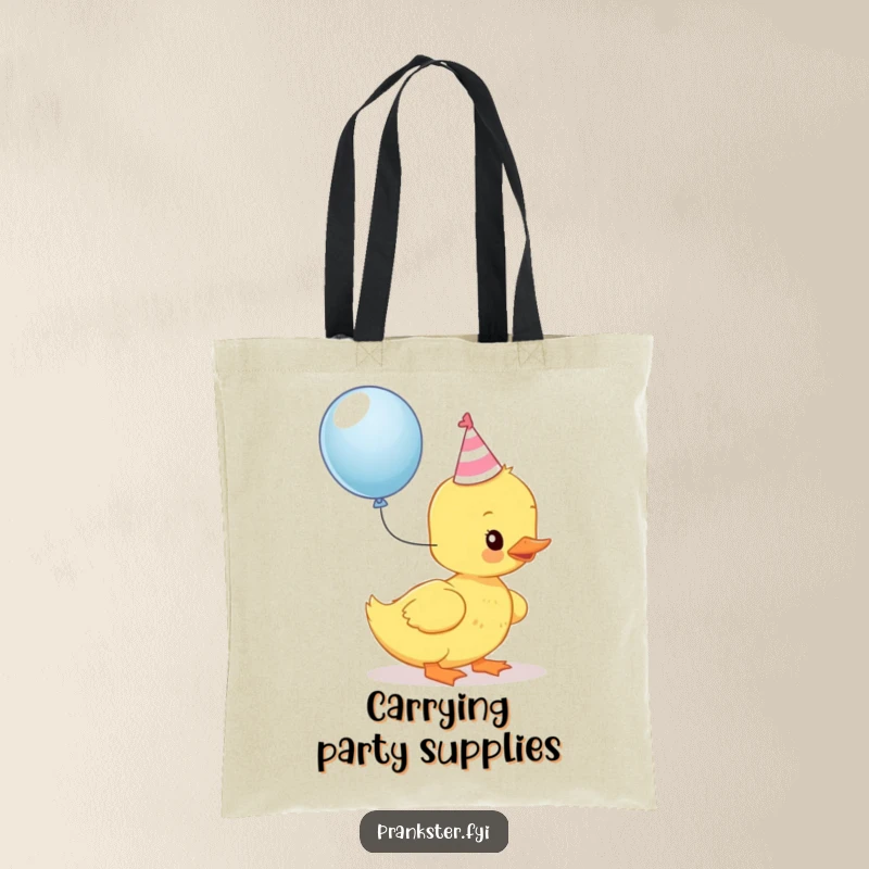 Funny Kawaii Duckling Tote Bag: A duckling in a party hat is about to pop a balloon, ready to carry your party essentials.