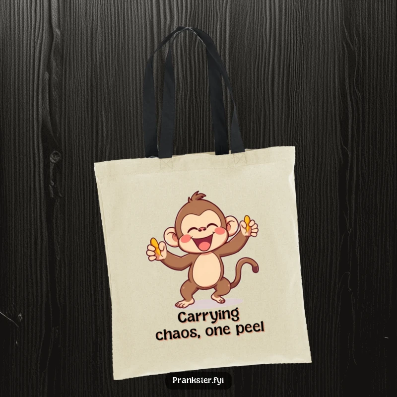Funny Kawaii Monkey Tote Bag gleefully throwing a banana peel, a stylish and humorous accessory for carrying daily essentials with a grin.