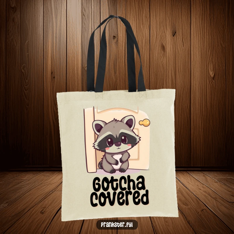 Funny Kawaii Raccoon Tote Bag hiding behind a door with a surprised expression, a stylish and humorous accessory for carrying daily items with a playful touch.