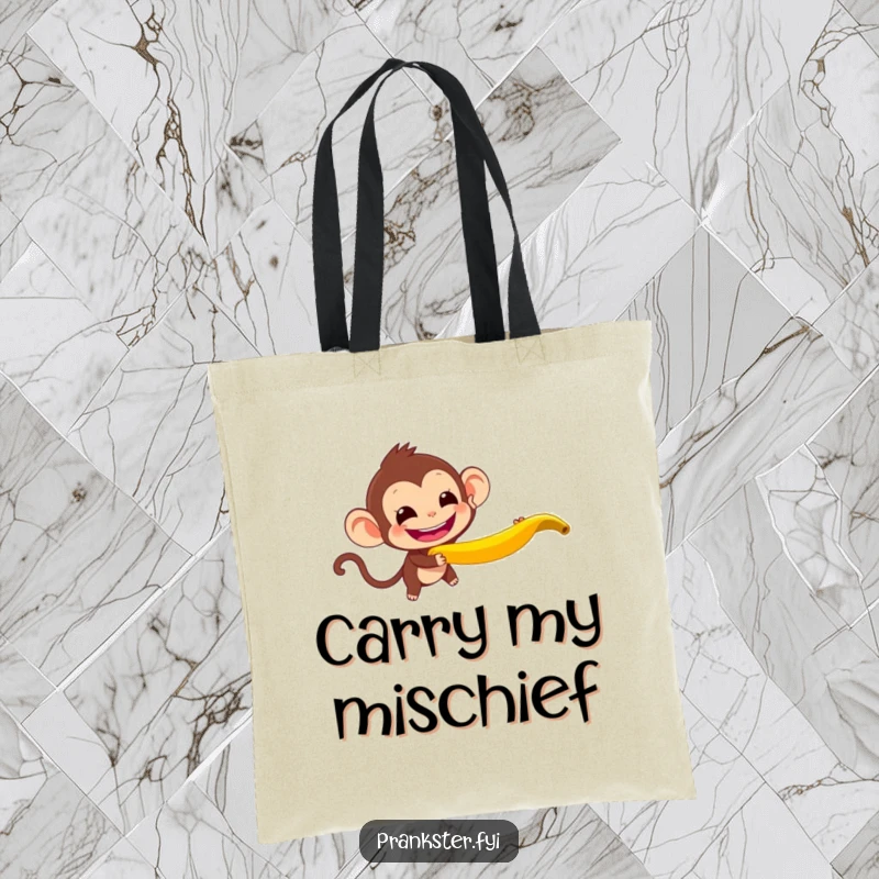 Funny Monkey Tote Bag showing a mischievous monkey throwing a banana peel, ideal for carrying essentials with a playful attitude.