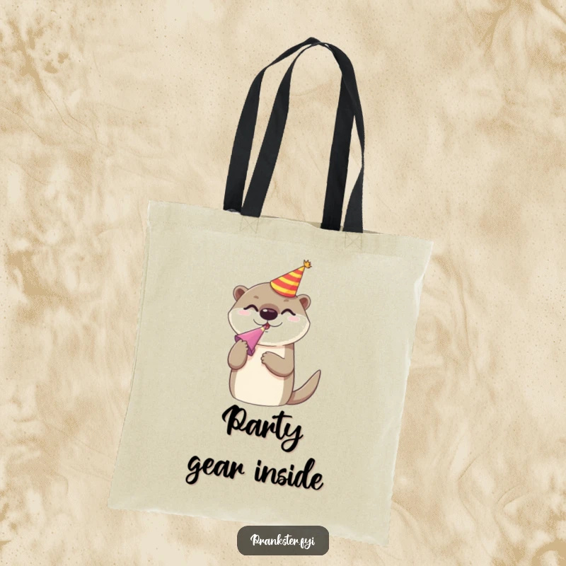 Funny tote bag featuring a cheerful otter with a party hat, enthusiastically blowing a noise maker, ready for any adventure with joy.