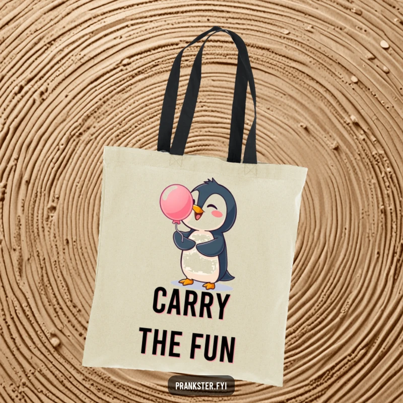 Funny penguin tote bag, cheerful penguin launching a surprise water balloon, practical and humorous for shopping.