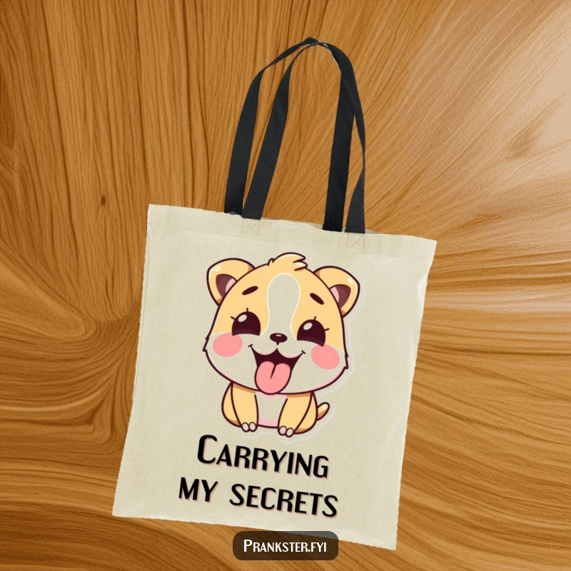 Funny Tote Bag with a happy animal sticking its tongue out playfully after a prank, a practical funny gift.