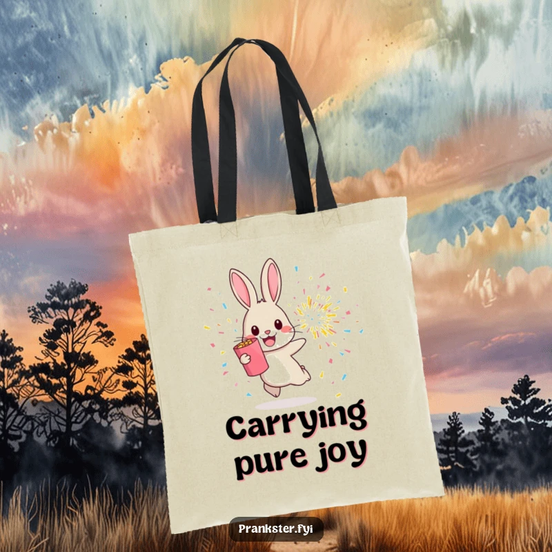 Funny tote bag with a cheerful rabbit hopping away from an exploding confetti popper, ideal for carrying celebration items.