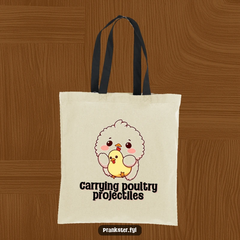 Funny tote bag showcasing a small fluffy creature dropping a tiny rubber chicken, perfect for carrying essentials and spreading contagious laughter.