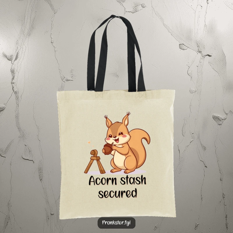 Funny tote bag with a gleeful squirrel launching an acorn from a slingshot, representing playful spirit and preparedness.