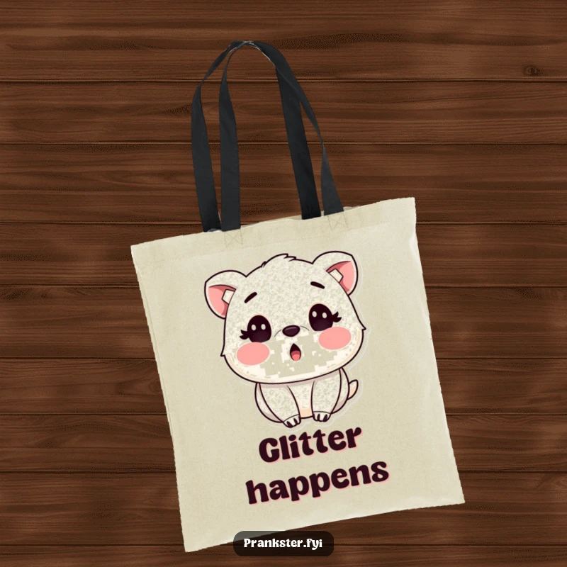Funny tote bag with a surprised animal with rosy cheeks, covered in shimmering glitter, perfect for carrying daily items.