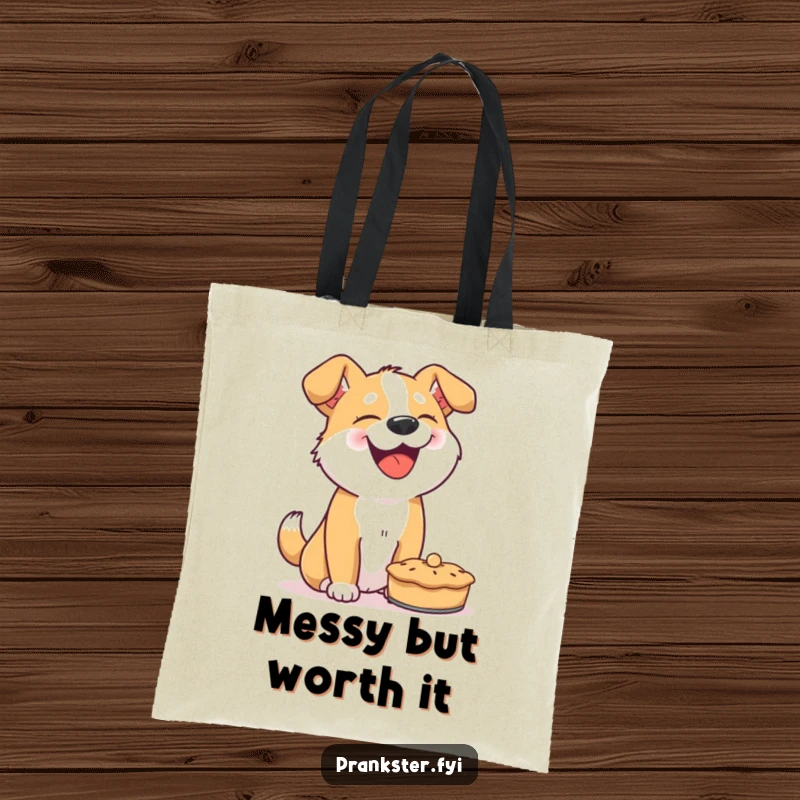 Funny dog tote bag, giggling dog with a pie ready to be thrown, showcasing playful mischief, great for shopping fun.