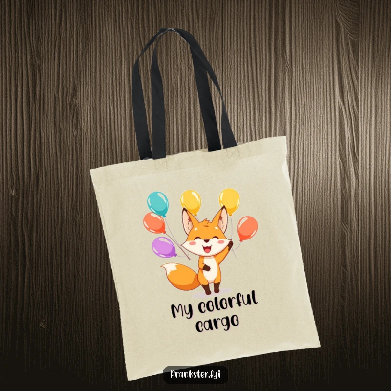 Funny tote bag featuring a happy fox character juggling colorful balloons, perfect for carrying items with a smile.