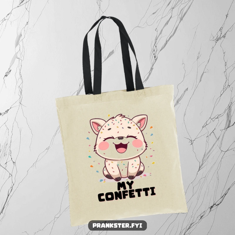 Funny tote bag featuring a laughing animal character covered in confetti, with mischievous sparkling eyes, ready for celebrations.