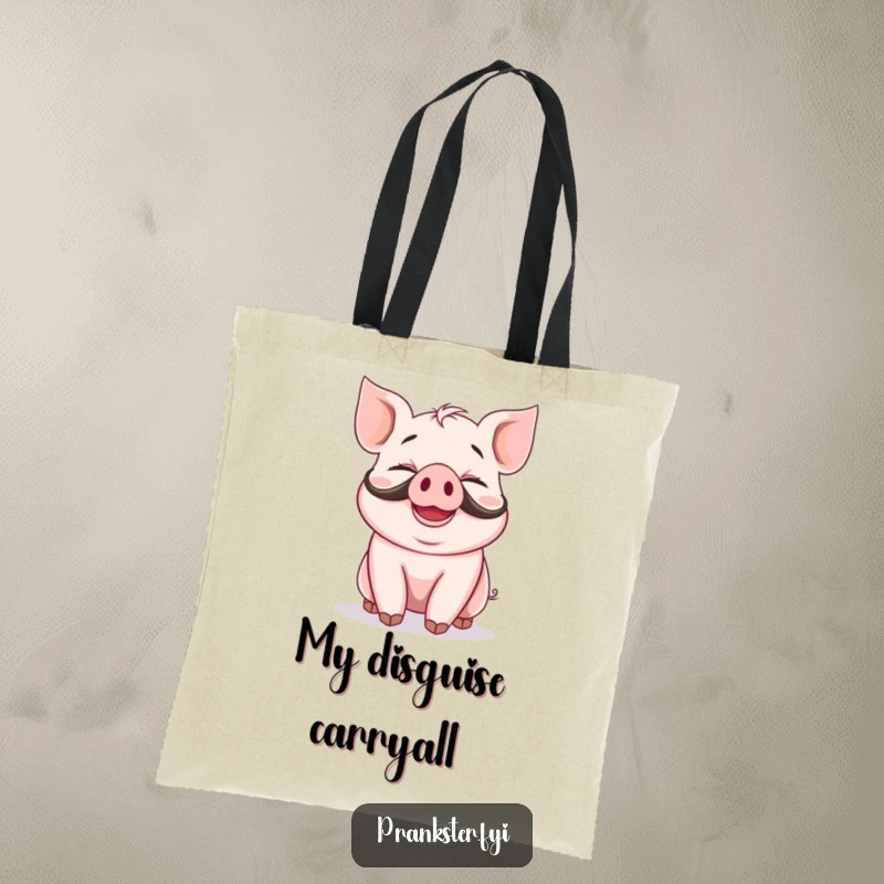 Funny tote bag showcasing a giggling piglet wearing a fake mustache and a silly grin, great for carrying daily necessities with humor.