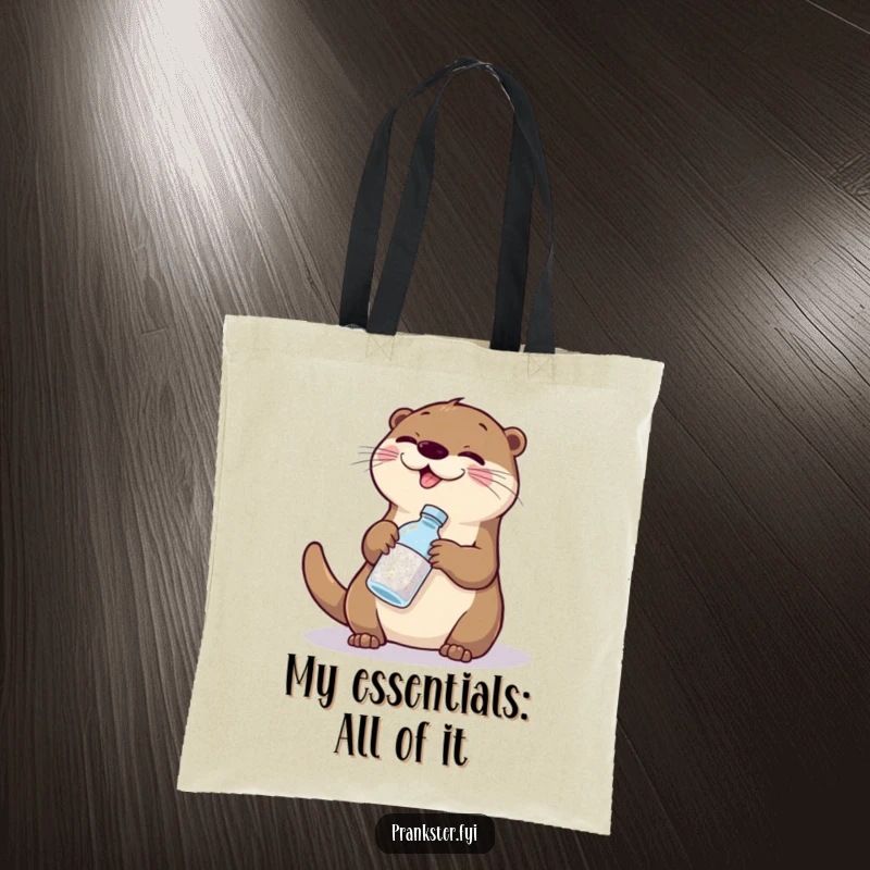 Funny otter glitter tote bag, a giggling otter swapping a bottle of glitter for water, great for carrying fun essentials.