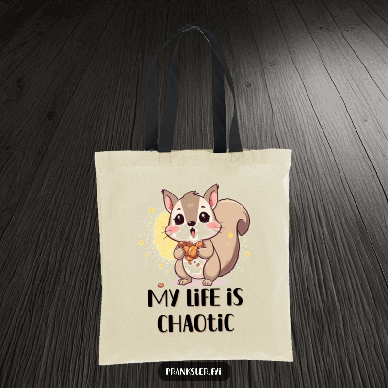 Funny squirrel tote bag with a surprised squirrel spilling nuts, surrounded by glitter. Ideal for hoarders. A fun gift.