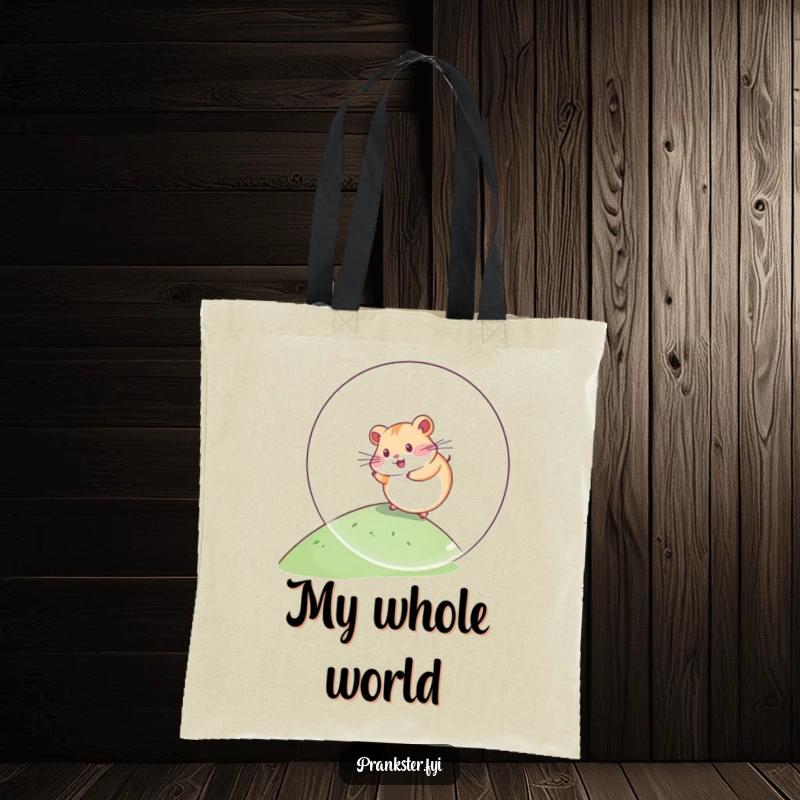Funny Kawaii Hamster Tote Bag rolling down a hill inside a giant plastic ball, a stylish and humorous accessory for carrying daily items with pet lover flair.